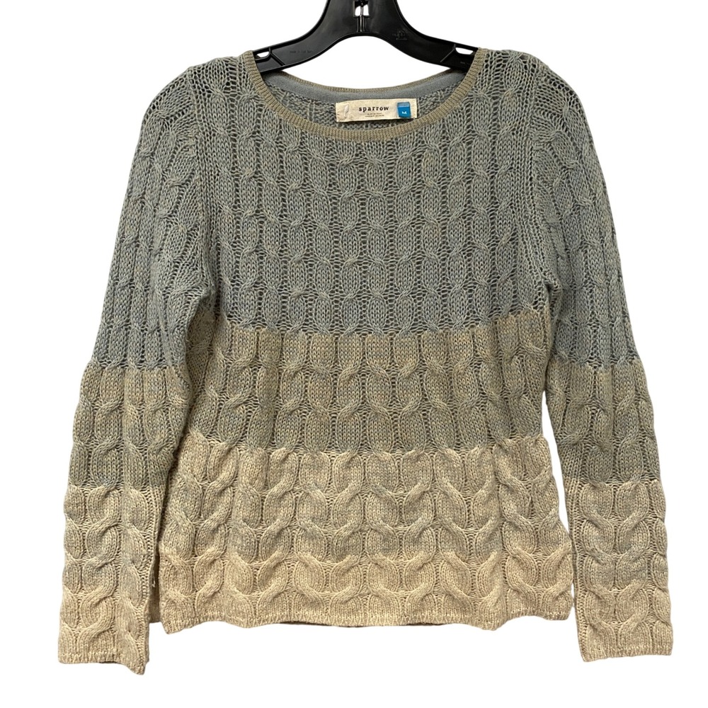 Sparrow‎ Women's Medium Blue Tan Cable open Knit Wool Blend Pullover Sweater
